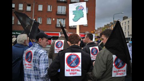 Protestors gather in Dublin to demonstrate against the visit of Queen Elizabeth II to Ireland on May 17, 2011. Her visit marked the first by a British monarch to the Irish Republic.