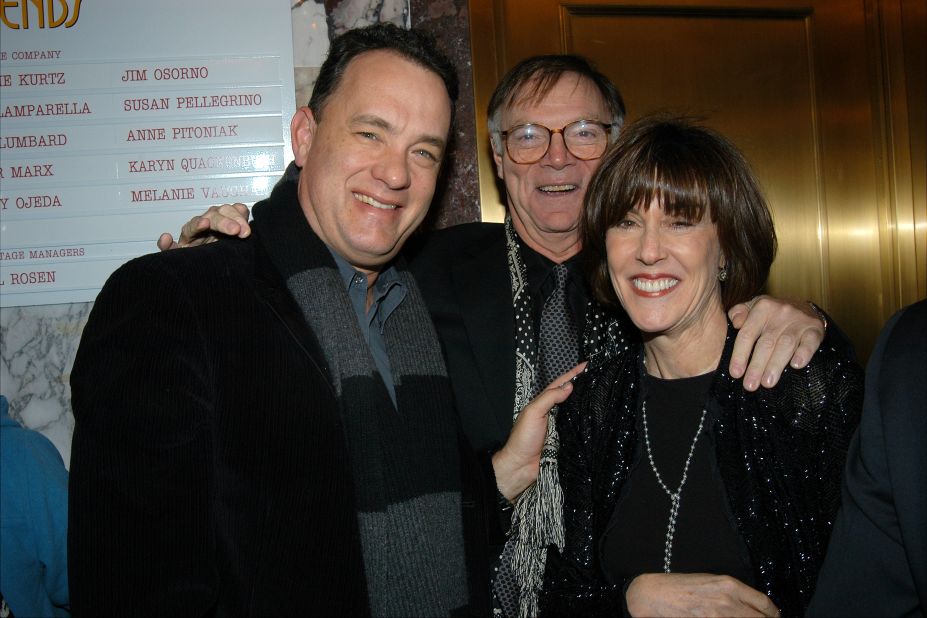Tom Hanks joins Ephron and husband Nicholas Pileggi in 2003 for the opening-night performance of her play "Imaginary Friends." Hanks starred in Ephron's films "You've Got Mail" and "Sleepless in Seattle."