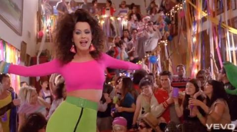 Perry also wore a neon crop top in her "Last Friday Night" music video.