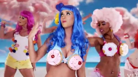 Ah, the infamous cupcake bra. Perry worked this sweet look in her "California Gurls" music video.