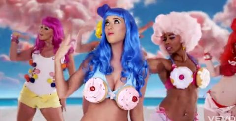 Ah, the infamous cupcake bra. Perry worked this sweet look in her "California Gurls" music video.