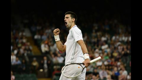 Serbia's Novak Djokovic reacts to a service break in the third set during his second-round men's singles victory over U.S. player Ryan Harrison on June 27.