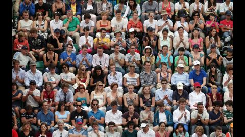 The crowd watches day three of the Wimbledon championships June 27.