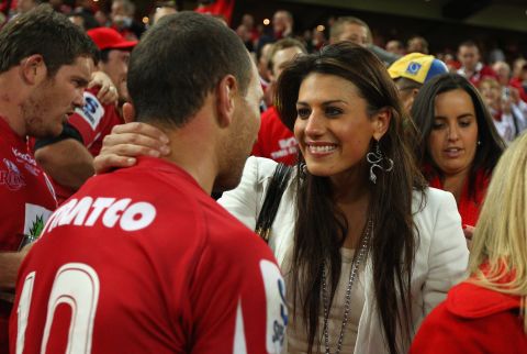 Rice embraces her former boyfriend, rugby star Quade Cooper, after his Queensland Reds won the 2011 Super Rugby Grand Final in July 2011. She was earlier in a relationship with fellow swimmer Eamon Sullivan, but split with both ahead of successive Olympics.