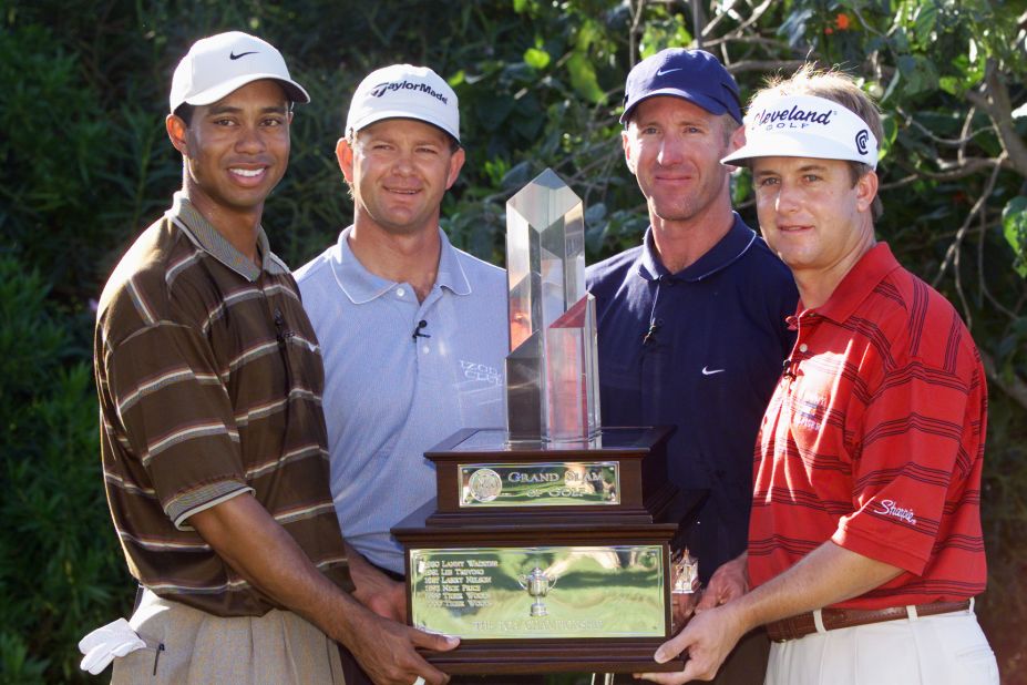 Duval was at his peak in 2001. Here he poses with Masters champion Tiger Woods, U.S. Open winner Retief Goosen and PGA Championship victor David Toms at the Grand Slam of Golf in Hawaii.