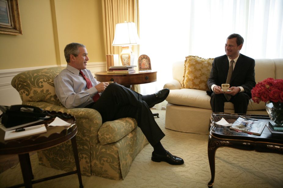 President George W. Bush meets with Roberts for morning coffee at the White House on July 20, 2005, a day after Bush first nominated Roberts for the Supreme Court to replace outgoing Justice Sandra Day O'Connor.