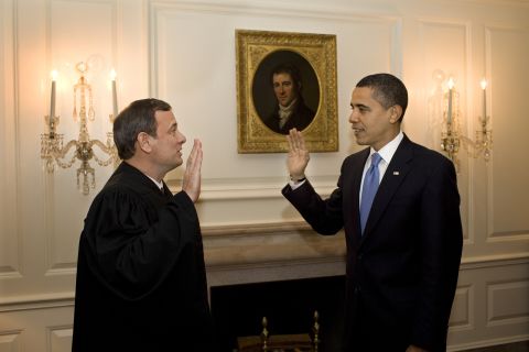 A day after President Obama's inauguration, Roberts re-administers the oath of office to Obama at the White House on January 21, 2009. At the official swearing in ceremony, Roberts misplaced a word in the oath and caused Obama to stumble over the recitation.