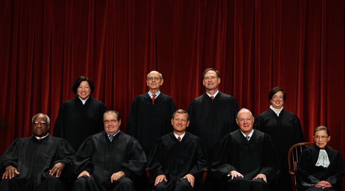The Supreme Court justices pose for a portrait on October 8, 2010. At the top, from left, are Associate Justice Sonia Sotomayor, Associate Justice Stephen Breyer, Associate Justice Samuel Alito and Associate Justice Elena Kagan. From left on the bottom row are Associate Justice Clarence Thomas, Associate Justice Antonin Scalia, Chief Justice John Roberts, Associate Justice Anthony Kennedy and Associate Justice Ruth Ginsburg.