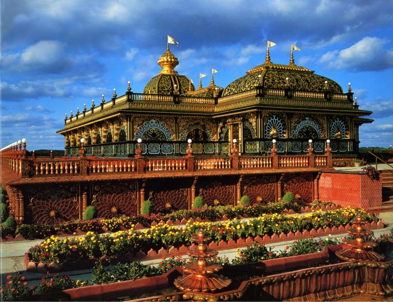 The Indian-inspired Palace of Gold features marble floors, crystal chandeliers, stained glass windows, wood-carved furniture and walls covered in leaves of 22-karat gold.