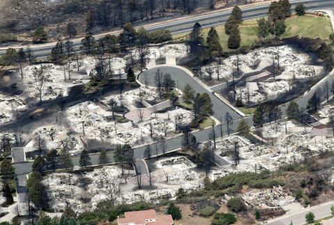 An aerial view of a destroyed neighborhood in the aftermath of the Waldo Canyon fire in Colorado Springs.