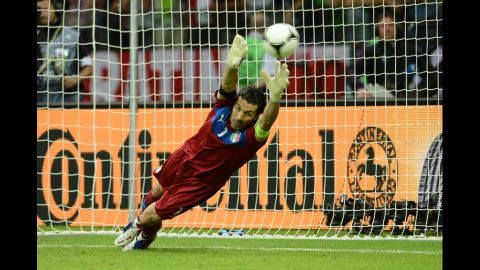 Italian goalkeeper Gianluigi Buffon fails to stop a penalty.