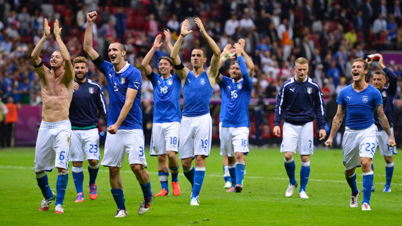 The Italian team celebates their victory over Germany at the end of the Euro 2012 football championships semifinal match on Thursday, June 28, at the National Stadium in Warsaw, Poland.