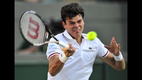 Canada's Milos Raonic plays a forehand shot during his second round men's singles match against U.S. player Sam Querrey June 28.