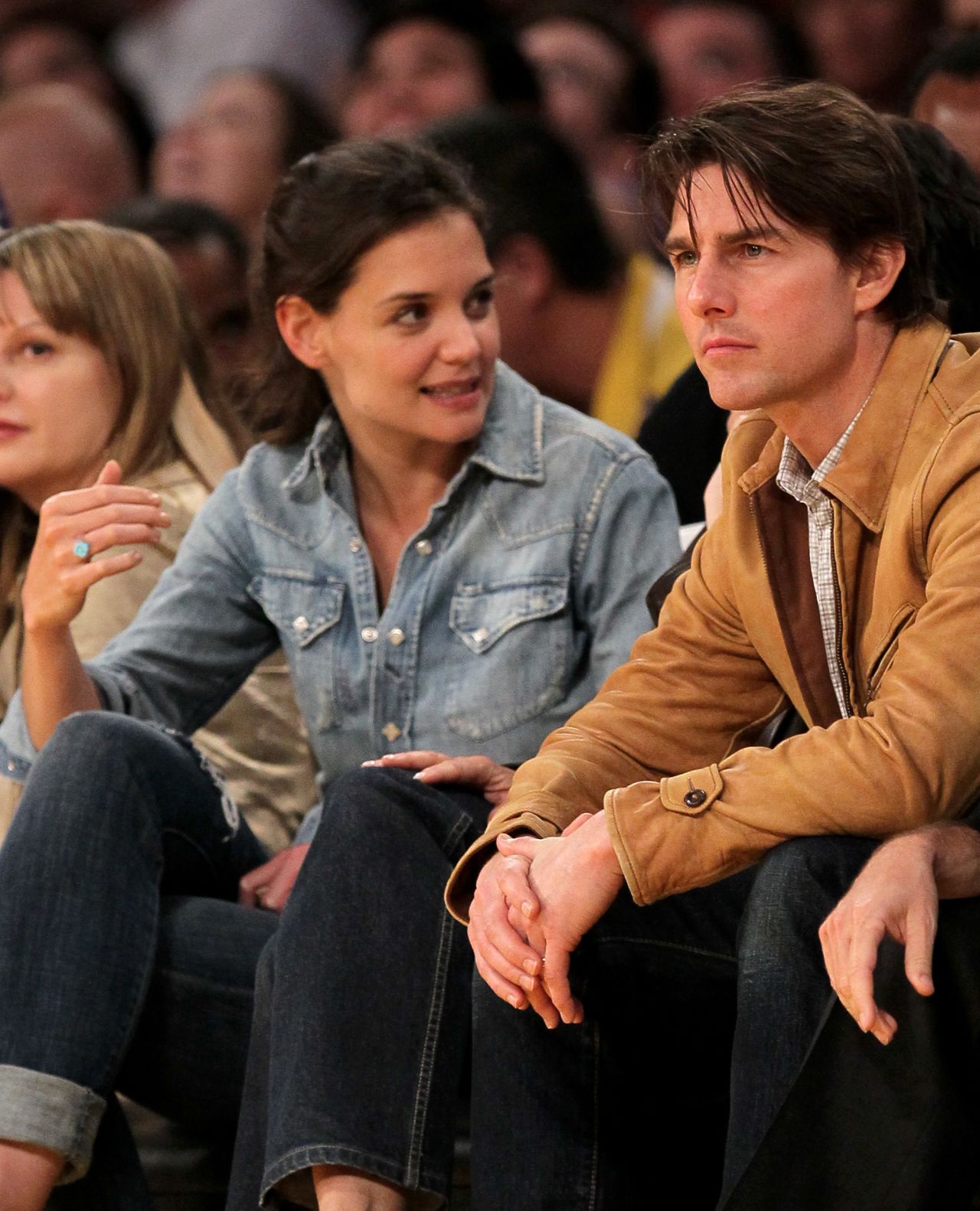 Holmes and Cruise catch a basketball game at the Staples Center in Los Angeles in March 2010.