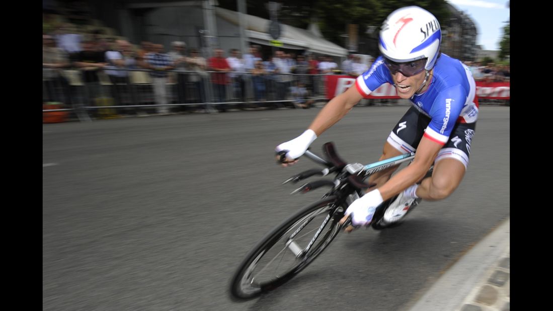 Sylvain Chavanel of France rounds a sharp turn on the course in Liege on Saturday.