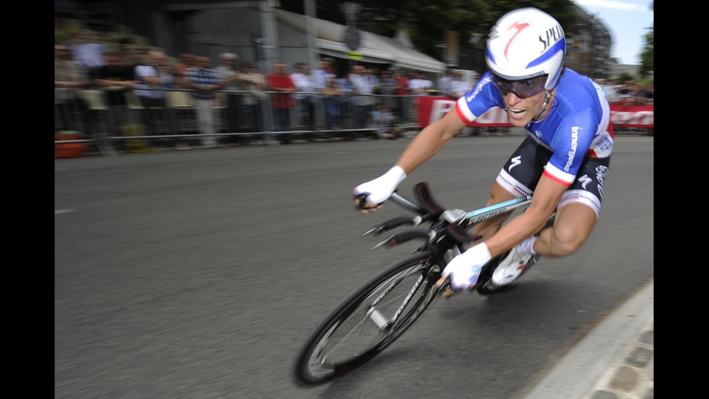 Sylvain Chavanel of France rounds a sharp turn on the course in Liege on Saturday.