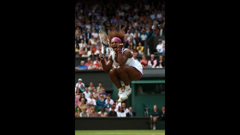 Williams, who hit a Wimbledon record 23 aces, celebrates match point and victory over Zheng on Saturday.
