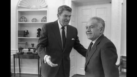U.S. President Ronald Reagan and Shamir meet in the White House on February 18, 1987.