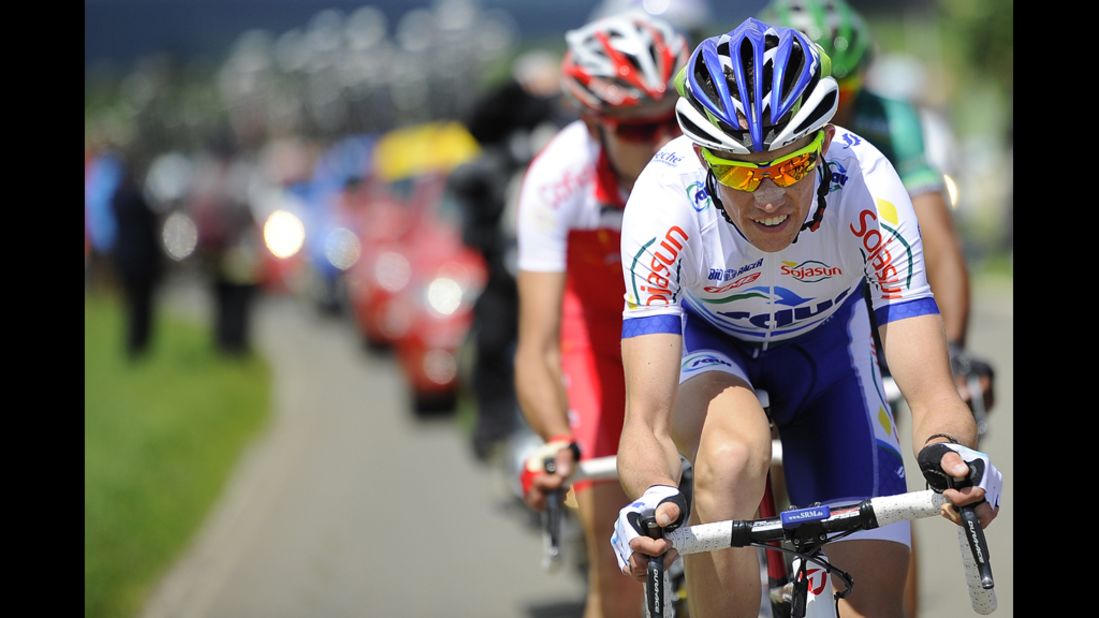 Anthony Delaplace of France leads the six riders in the breakaway group on Sunday. 
