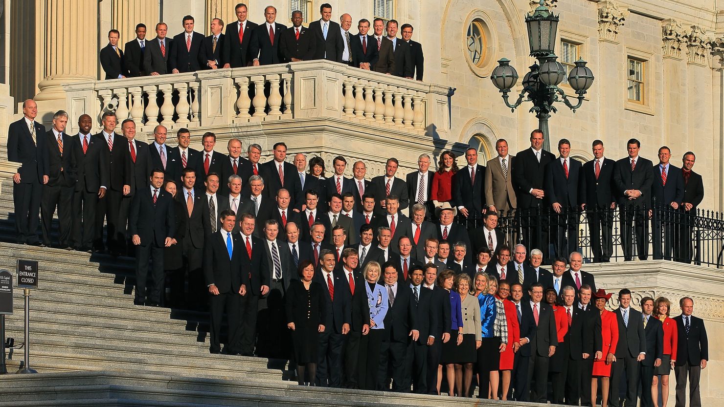  Newly elected freshman members of the 112th Congress pose for a photo on the steps of the U.S. Capitol in November 2010.