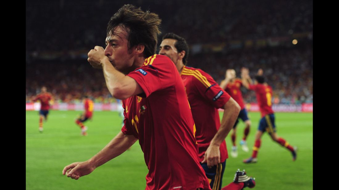 David Silva of Spain celebrates after scoring the opening goal in the Euro 2012 final match against Italy on Sunday.