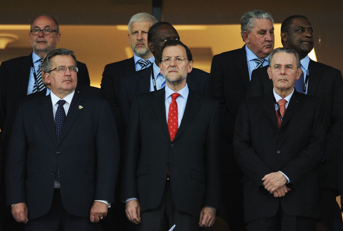 Spanish Prime Minister Mariano Rajoy (center) attends the Euro 2012 final at the Olympic Stadium in Kiev. 