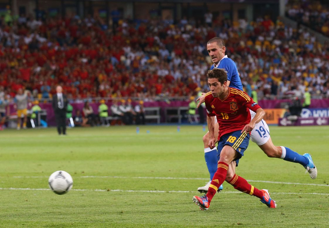 Latching onto a sublime through ball from Xavi, Jordi Alba doubles Spain's lead four minutes before halftime.  