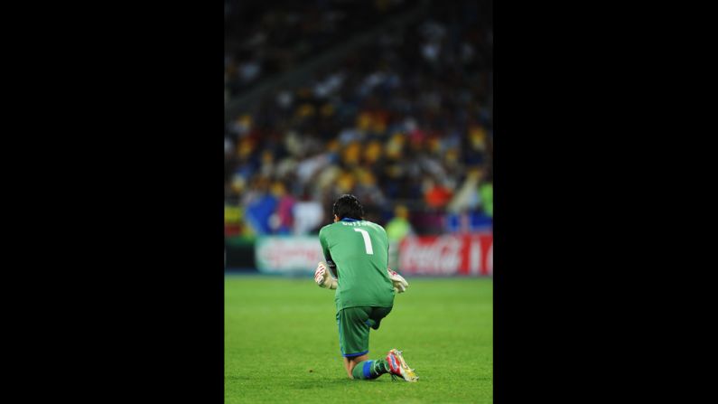 Italy goalkeeper Gianluigi Buffon looks on during Sunday's match against Spain.