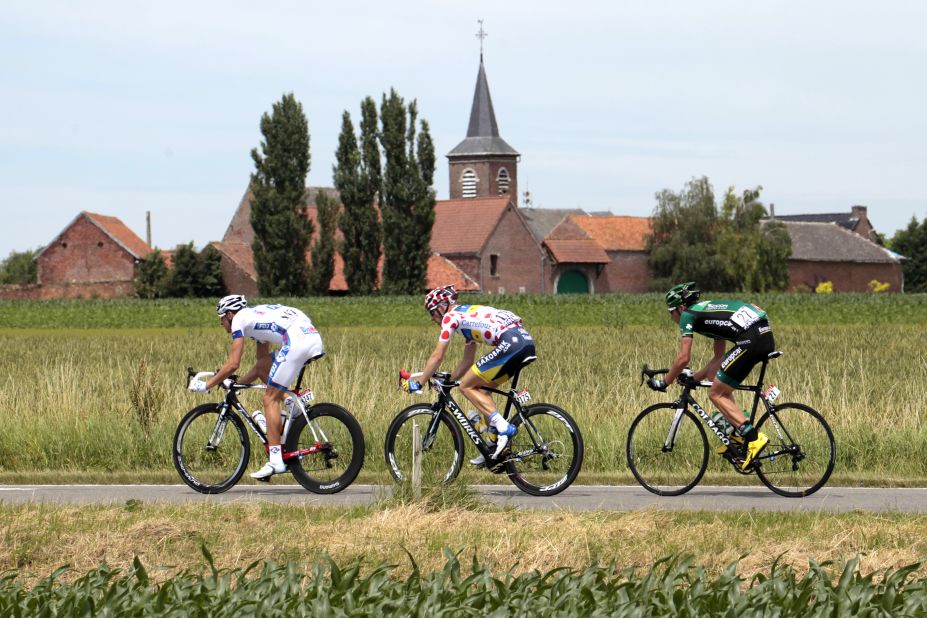 Three riders broke away from the main group early in Stage 2, including (left to right): Anthony Roux of France, Michael Morkov of Denmark and Christophe Kern of France.