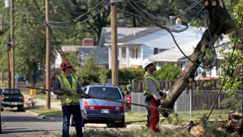 Workers remove parts of a fallen tree from a telephone line in Maryland on Sunday.