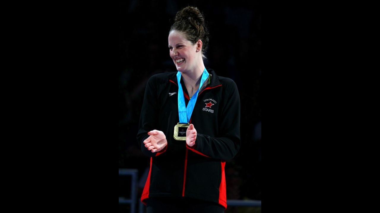 Missy Franklin celebrates during the medal ceremony for the Women's 200-meter Backstroke during Day Seven of the 2012 U.S. Olympic Swimming Team Trials.
