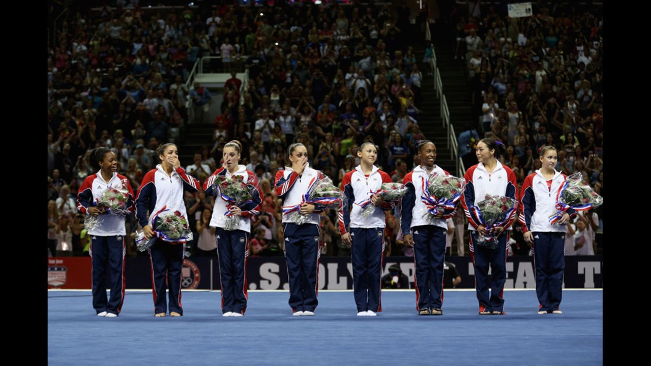 The U.S. women's gymnastics team -- from left, Gabrielle Douglas, Alexandra Raisman, McKayla Maroney, Jordyn Wieber, Kyla Ross, Elizabeth Price, Anna Li and Sarah Finnegan -- is announced for the 2012 London Olympics.
