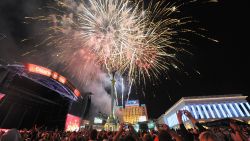Fireworks are let off in the fanzone in Kiev after the Euro 2012 final between Italy and Spain on July 1, 2012.
