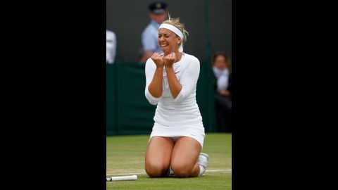 Sabine Lisicki of Germany reacts after beating Maria Sharapova of Russia to advance in the tournament Monday.