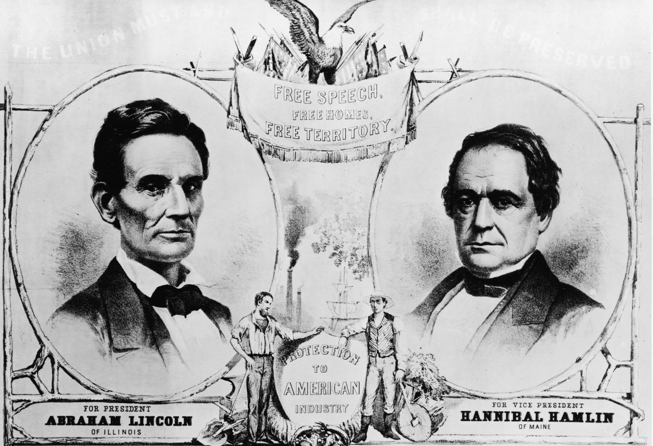 A campaign poster for the Republican ticket of the United States presidential election of 1860 promoting free speech, free homes, free territory, and protection to American industry and supporting Abraham Lincoln for president and Hannibal Hamlin for vice president, 1860.