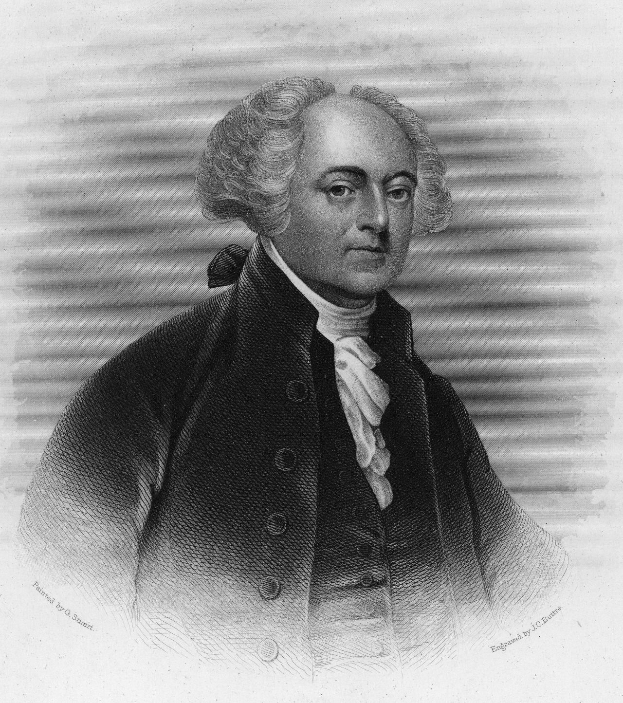 Engraving depicts a portrait of American political philosopher, revolutionary, diplomat, vice president, and president John Adams (1735 - 1826), early 19th Century. Engraving is by eminent American engraver John Chester Buttre (1821 - 1893) after a painting by famed American portraitist Gilbert Charles Stuart (1755 - 1828).