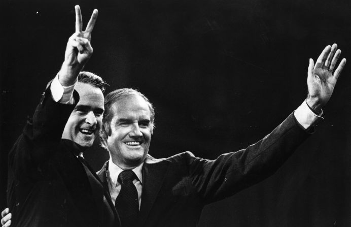 The Democratic Party presidential nominee Senator George McGovern (right) and his running mate Senator Thomas Eagleton during their campaign for election. Eagleton made American political history when he withdrew from the Democratic Party ticket after revelations about electric shock treatment he had received for bouts of mental illness.