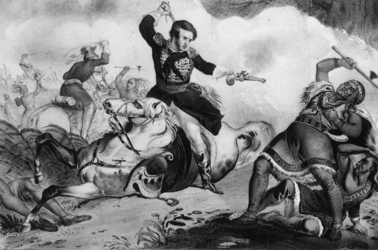 5th October 1813: Shawnee chief Tecumseh (c.1768 - 1813) meets his end at the hands of Colonel Richard Mentor Johnson during the Battle of the Thames, Ontario, while fighting for the British in the War of 1812. Original Artwork: Lithograph by Nathaniel Currier.