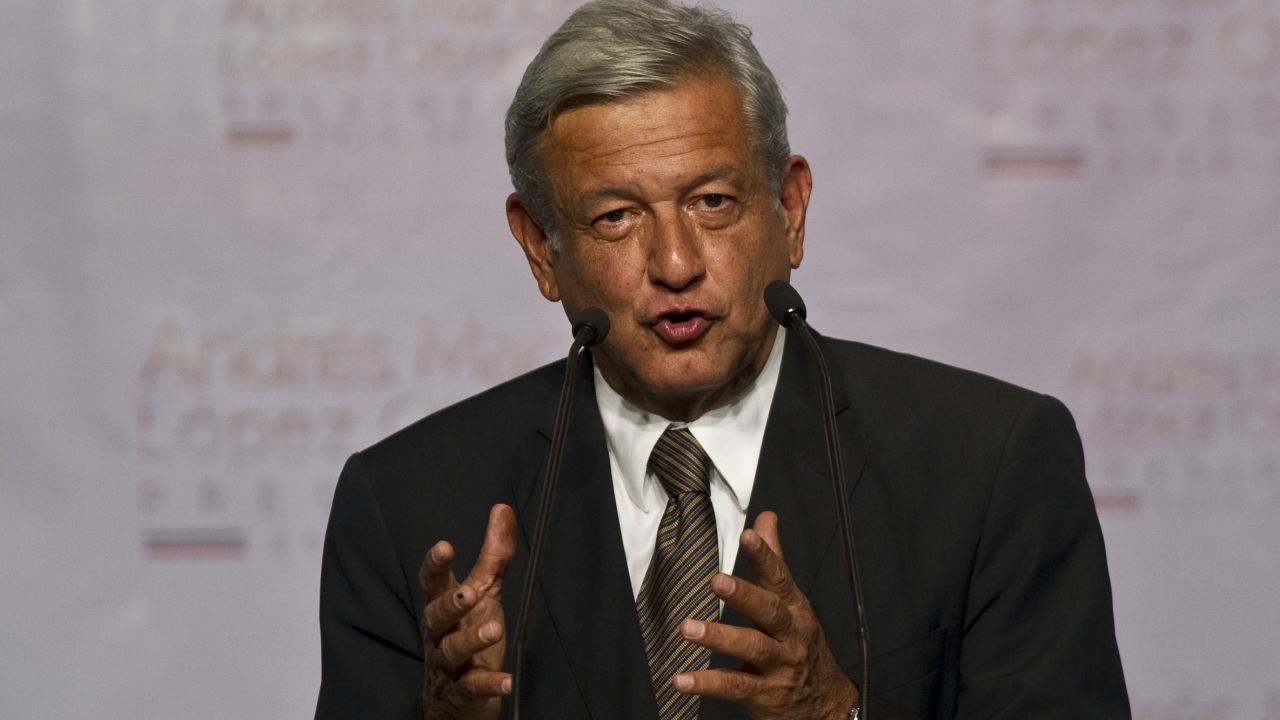 The Mexican presidential candidate for the leftist coalition Progressive Movement of Mexico, Andres Manuel Lopez Obrador, speaks during a press conference in Mexico City, on July 1, 2012.