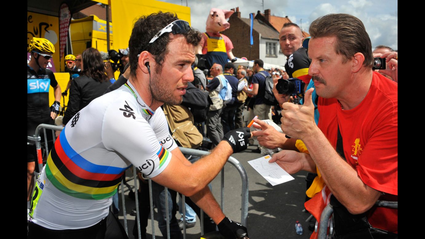 Team Sky sprinter Mark Cavendish of Great Britain arrives for the start of Stage 3 on Tuesday.