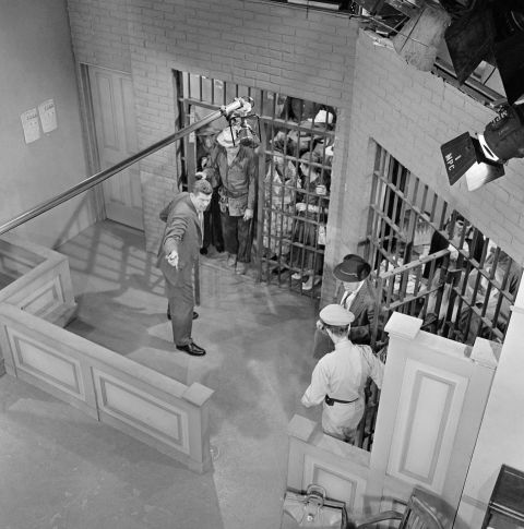 A bird's-eye view shows the town in jail on set for "Andy Saves Barney's Morale."