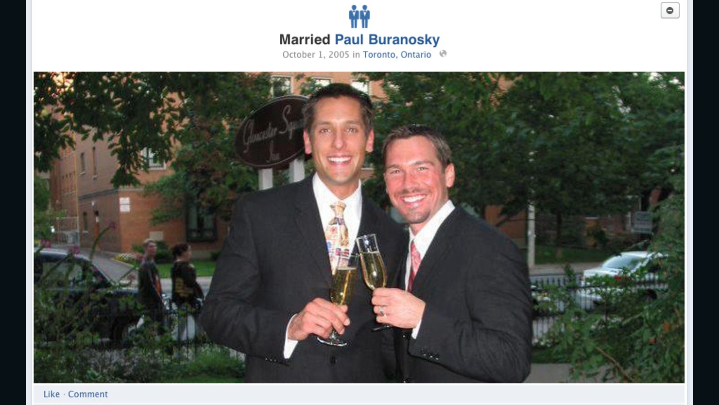James Lazar, right, of Chicago, didn't update his Facebook page to include his marriage until the icons changed.
