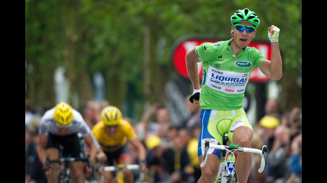 Peter Sagan of Slovakia celebrates while crossing the finish line Tuesday to win Stage 3. 