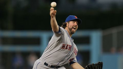 Knuckleballer R.A. Dickey of the New York Mets pitching a shutout against the Los Angeles Dodgers on June 29.