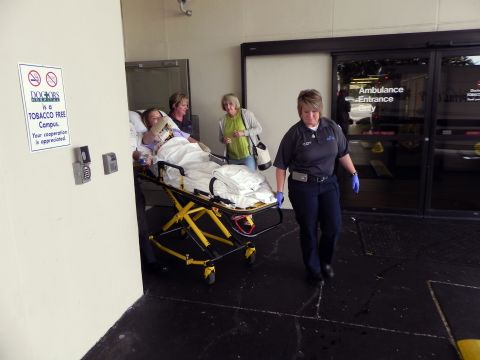 Copeland is transported to a waiting ambulance, which took her to a rehab facility before she returned home.