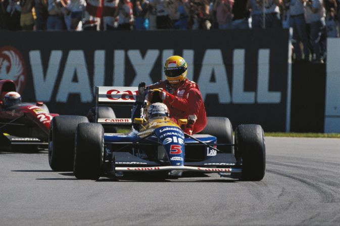 The following year Senna was famously given a ride by race winner Nigel Mansell after he ran out of fuel on the final lap at Silverstone. 