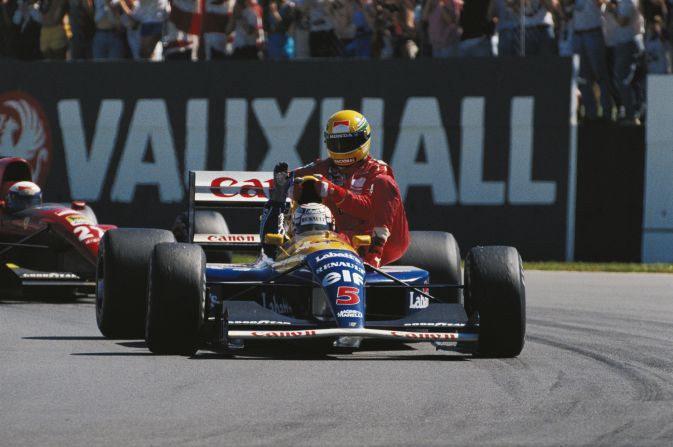The following year Senna was famously given a ride by race winner Nigel Mansell after he ran out of fuel on the final lap at Silverstone.