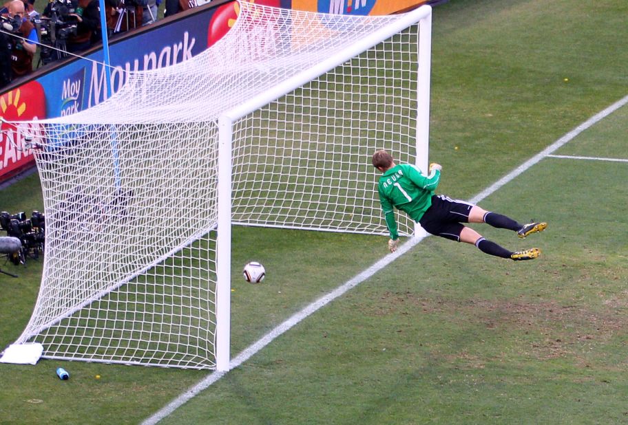 England have been at the center of some of the most famous goal-line controversies. At the 2010 World Cup, England and Germany met again in the round of 16. With Germany leading 2-1, England's Frank Lampard hit a shot which struck the bar and landed well over the goal line, but no goal was awarded, and Germany won 4-1.