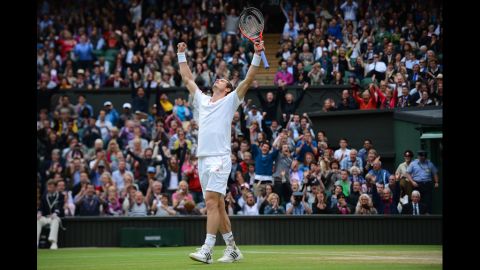 Britain's Andy Murray celebrates his men's singles quarter-final victory over Spain's David Ferrer on Day Nine of the Wimbledon Lawn Tennis Championships at the All England Lawn Tennis and Croquet Club on Wednesday in London, England. 