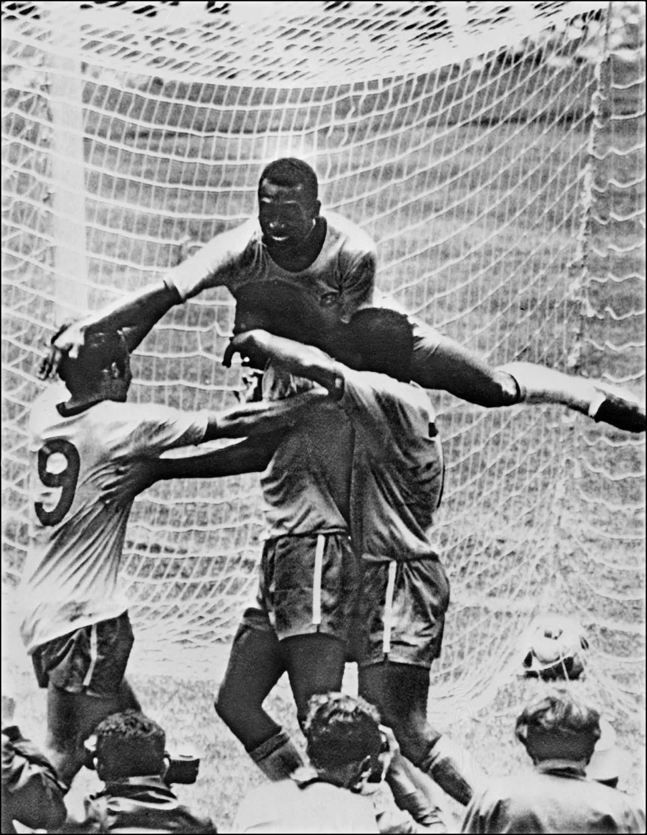 Pele (top) leaps on his teammates during Brazil's 4-1 victory over Italy in the 1970 World Cup final. The Brazil team of that tournament, which clinched a third World Cup triumph, is often heralded as one of the finest in football history.